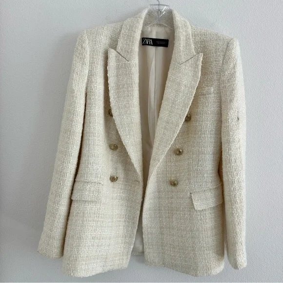 Zara Cream Tweed Double-Breasted Blazer Blogger Favorite Size: S - Picture 5 of 16